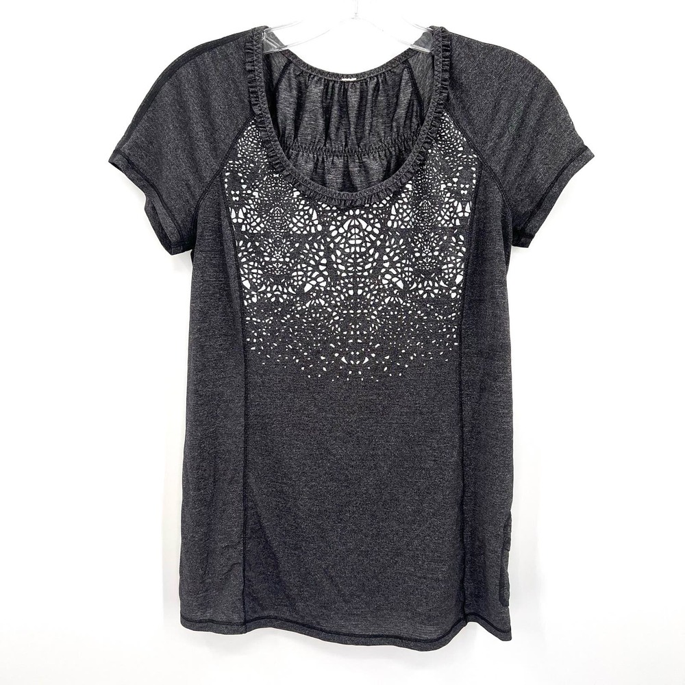lululemon athletica Dark Charcoal Short Sleeve Tee with Lace Laser-Cut Front